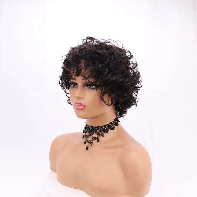 Long red wig with bangs-8inches Short Pixie Afro Curly Bun Machine Made Wavy Hair Wig Custom For Wholesale