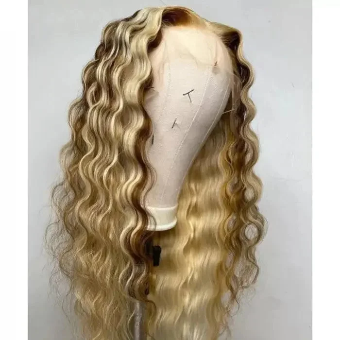 Short blonde wig with bangs-Blonde Brown Highlight Color Wig Deep Wave