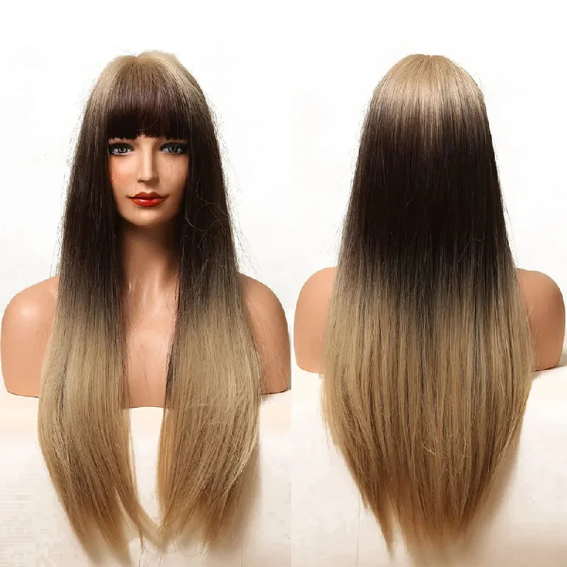 Long black wig with waves-Blonde Dark Brown Wigs with Full Bangs Wigs