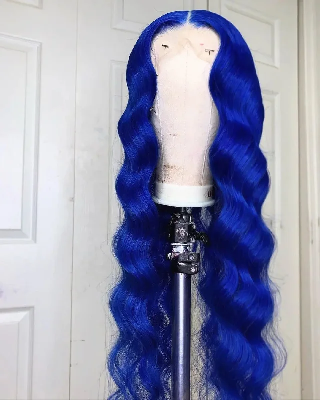 Short red wig with bangs-Blue Colorful Body Wave Pre-plucked Wigs