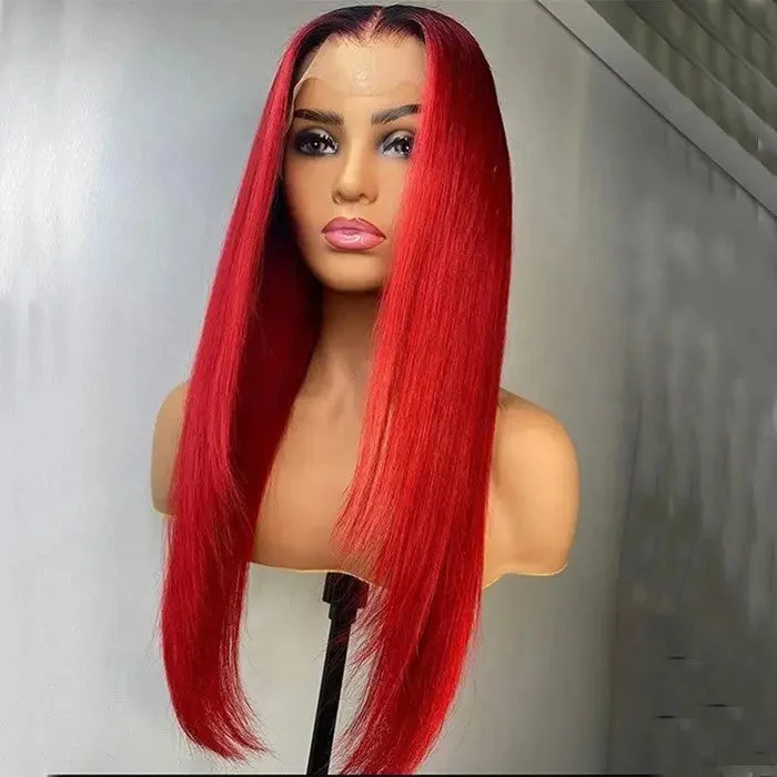 Blue wavy wig short-Bright Red Ombre Color Straight Hair Cuticle Front Wigs