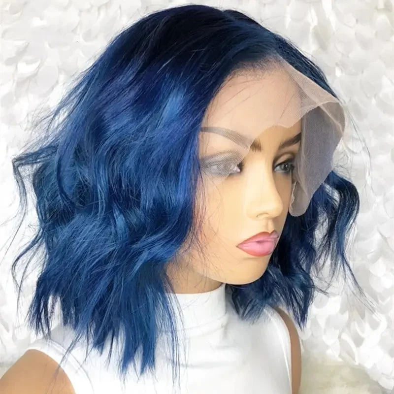 Deep wavy wig blonde-Customized Ombre Blue Bob Wavy Wigs HD Lace