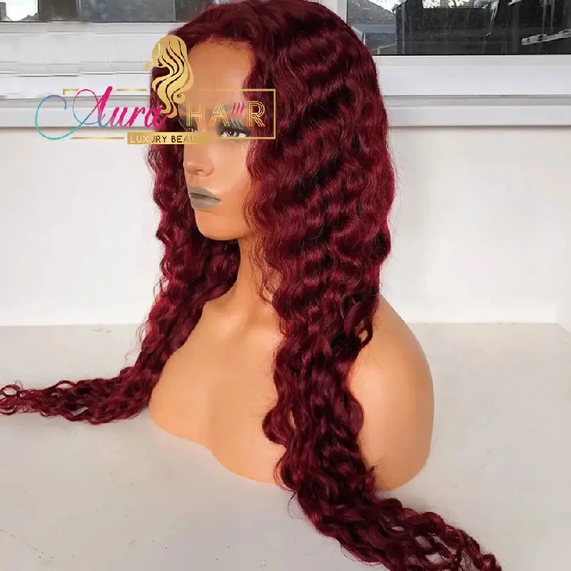 Wig for cool climate-Deep Water Wave Colored 99J Burgundy Lace Frontal Wig