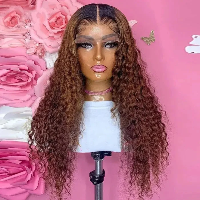 Curly wig for hot days-Full Virgin Brown Black Ombre Color Deep Curly Wig Pre Plucked With Baby Hair Lace Front Wigs