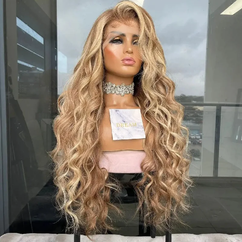 Long curly wig gray-Full Virgin Hair Blonde Honey Brown Highlight French Wave Wig Pre Plucked Bleached Knots Cuticle Aligned Wigs