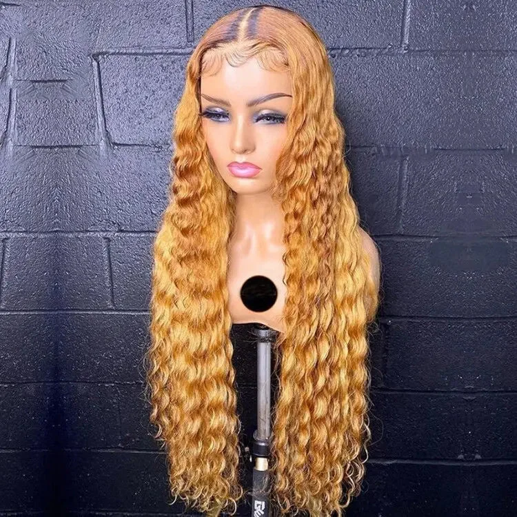 Wig cutting kit DIY-Ginger Yellow Highlight Wig Deep Curly Texture Long Inches Cuticle Aligned With Baby Hair Lace Front Wigs