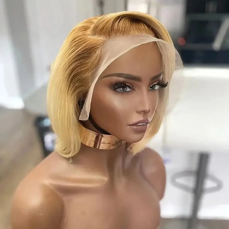 Wig for clean shine-Glueless #613 Honey Brown Ombre Color Short Bob Wig Virgin Cuticle Aligned Brazilian Hair HD Lace Front Wigs