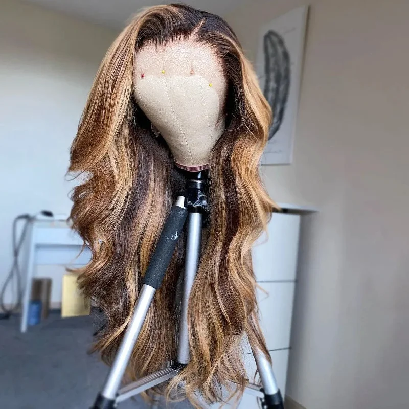 Wig for bright shine-Glueless Brown Highlight Color Water Wave Wig Cuticle Aligned Pre Plucked With Baby Hair Lace Front Wig