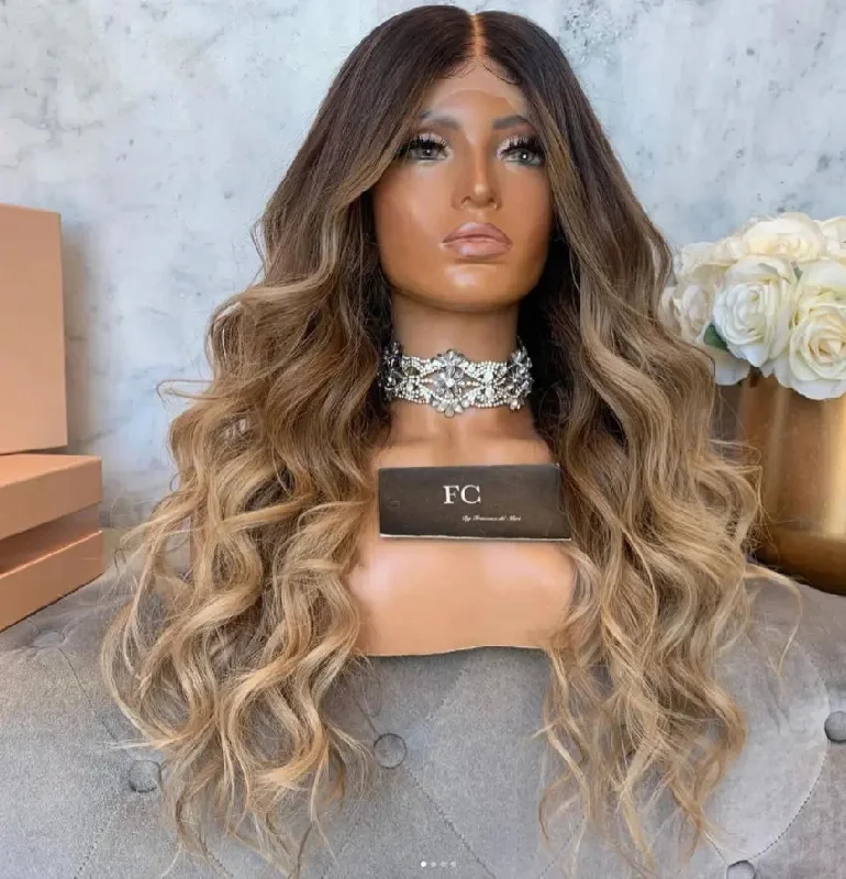 Wig for full vibe-Glueless Brown Ombre Color Ocean Wave Wig Pre Plucked Natural Hairline Bleached Knots Vietnam Hair Lace Front Wigs