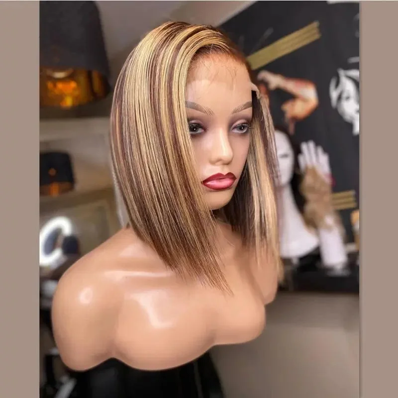 Wig for live performance-Glueless Cuticle Aligned Brown Highlight Color Straight Bob Cut Pixie Wig Pre Plucked Lace Front Wigs