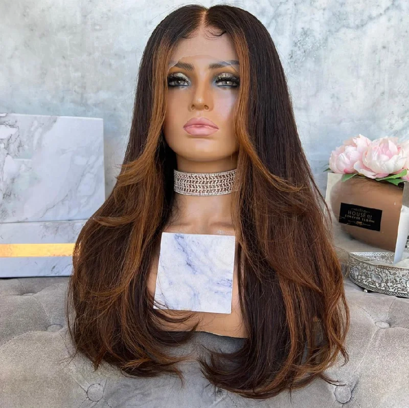 Curly wig for texture-Glueless Cuticle Aligned Natural Black Brown Highlight Color Body Wave Pre Plucked Burmese Hair Lace Front Wig