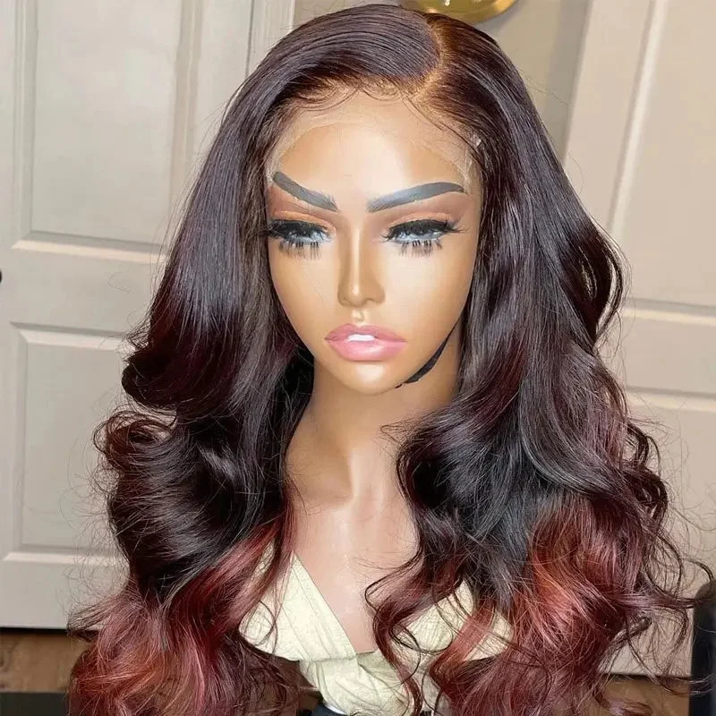 Lace wig for cool days-Glueless High Quality Black Red Ombre Color Body Wave Wig Pre Plucked With Baby Hair Virgin Lace Front Wigs