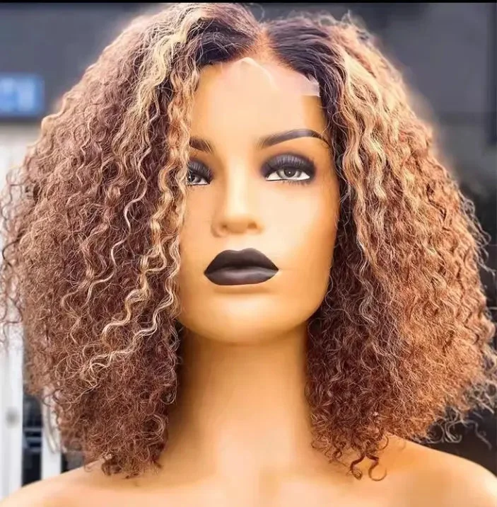 Lace wig for ease-Glueless Kinky Curly Black Brown Highlight Color Wig Cuticle Aligned Pre Plucked Virgin Lace Front Wigs