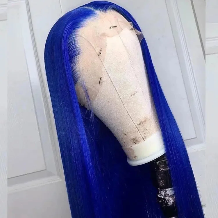 Short red wig with bangs-Glueless Royal Blue Color Straight Wave Texture Pre Plucked With Baby Hair Cuticle Aligned Lace Front Wigs