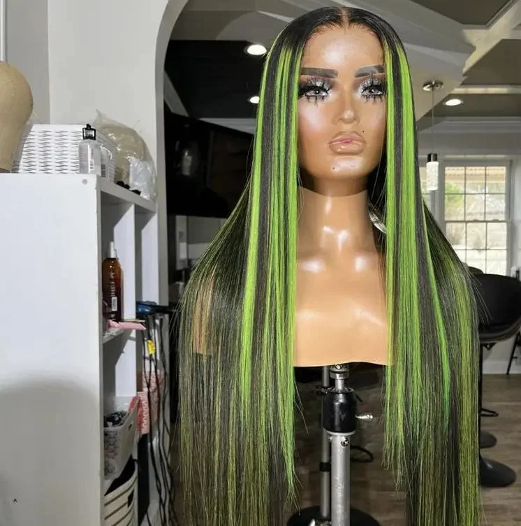 Ombre wig for party-Green Color Highlight Silky Straight Hair Wigs