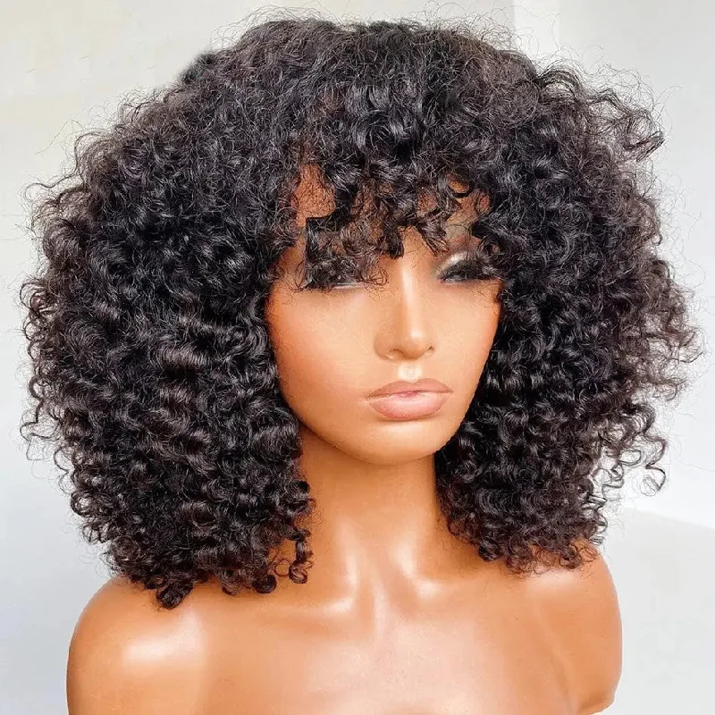 Wig for neat shine-High Density Short Bob Kinky Curly Wig With Bangs Natural Black Color Cuticle Aligned Lace Front Wigs