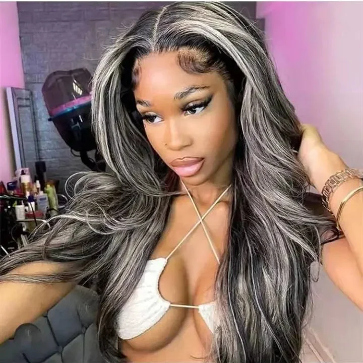 High-end wig brands-Hot Salt And Pepper 1B/60 Highlight Wave Unprocessed Wigs