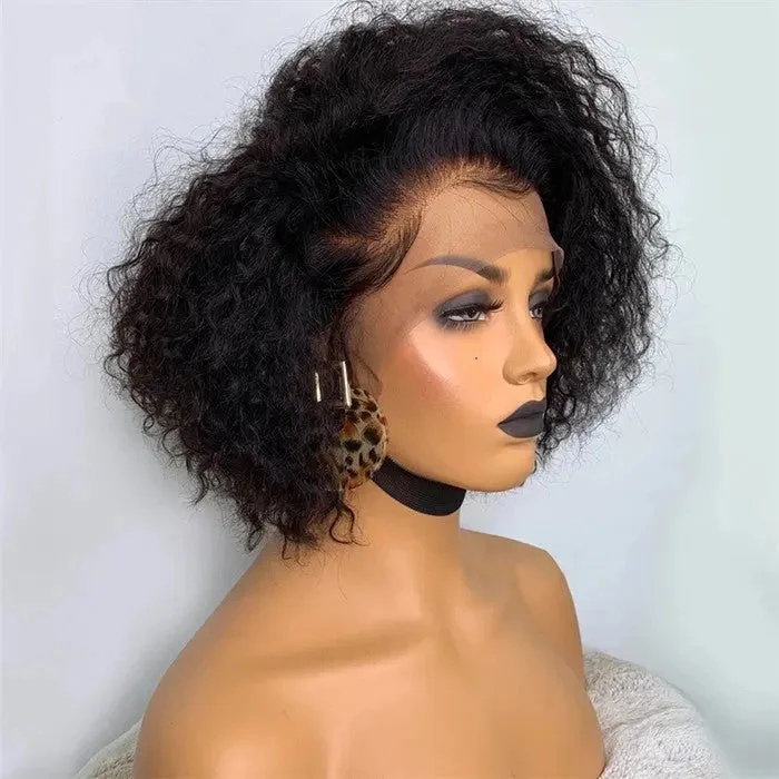 Wig for festive event-Hot Selling Dark Brown Short Bob Pixie Curly Wigs Cuticle Aligned Virgin Hair Lace Front Wig