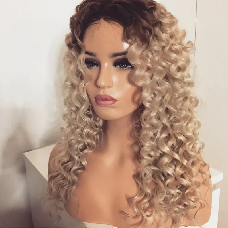 Synthetic wig for mature-Hot Selling Long Wavy HD Transparent Lace Front Wig Ombre Blonde Deep Wave Virgin Hair Wigs