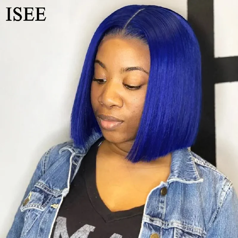 Ombre wig for party-ISEE Blue Color Short Bob Wig