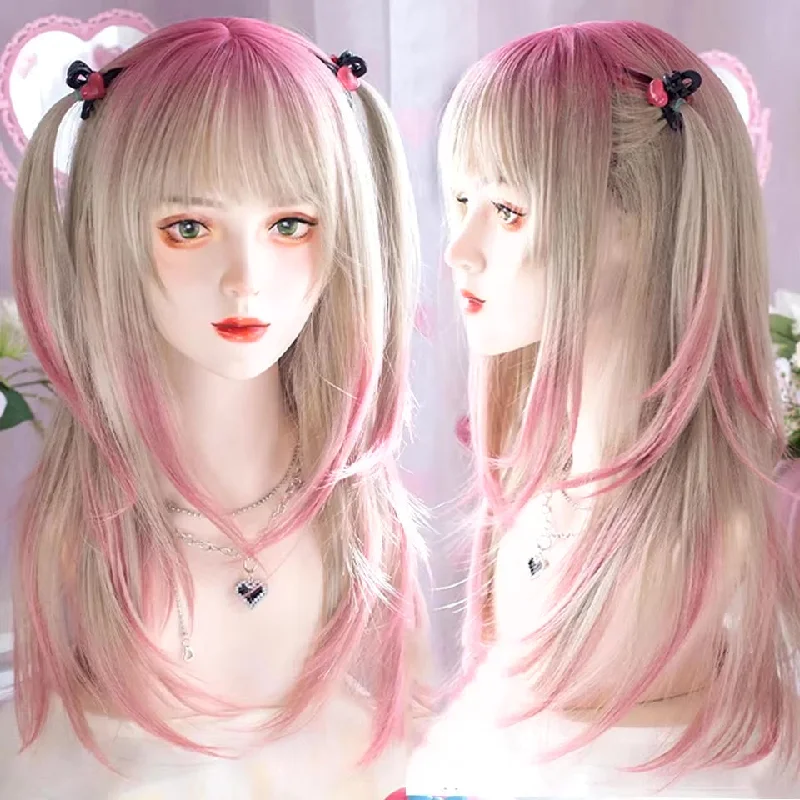 Medium wavy wig gray-Two Tone Pink Cosplay Wig