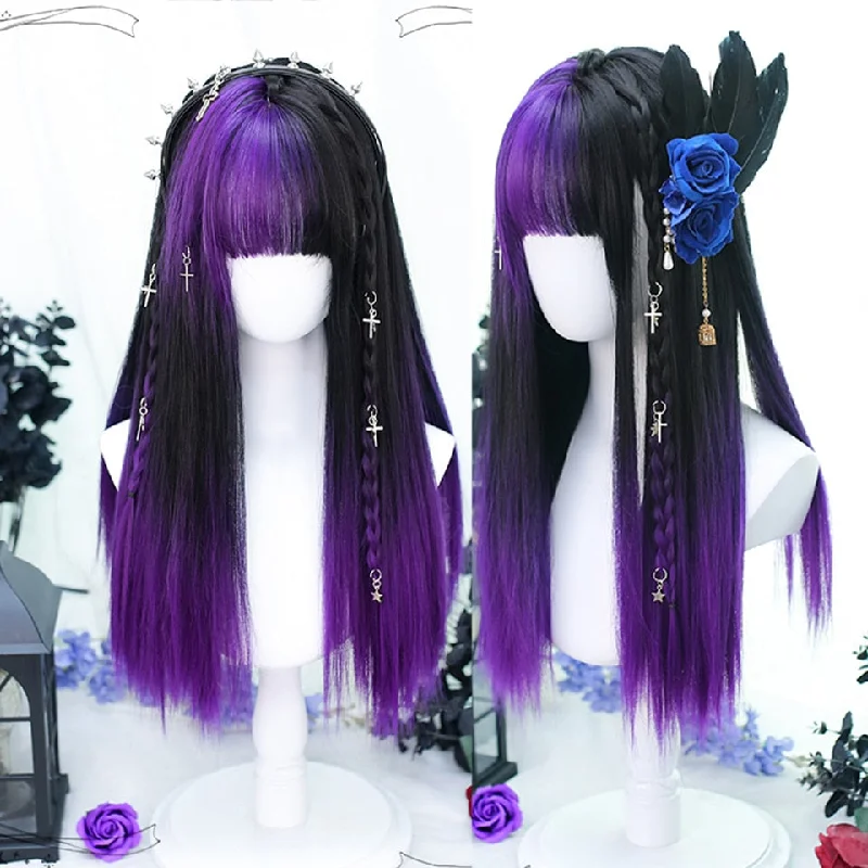 Long red wig with curls-Purple & Black Split Cosplay Wig