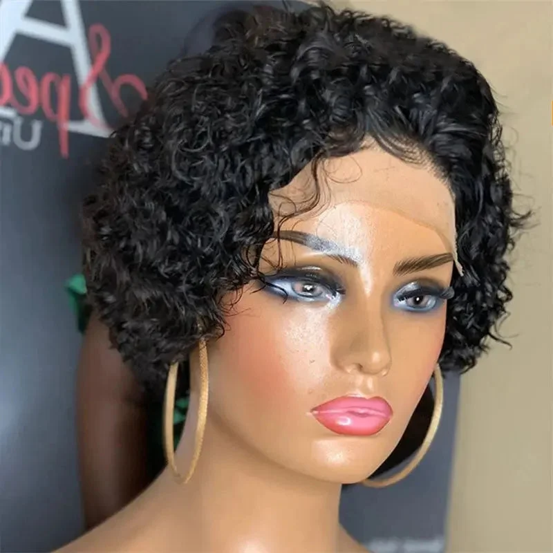 Lace Front Wigs Tiny Curly Black Color Short Pixie Bob