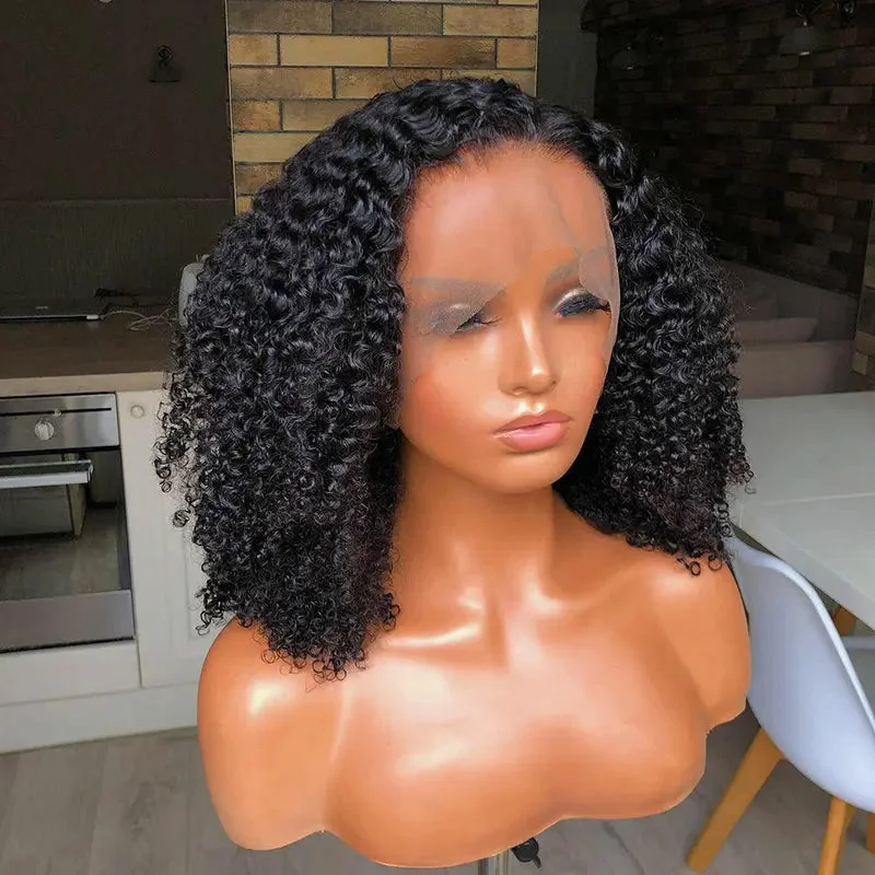 Long black wig with curls-Mongolian Afro Kinky Curly Wig 400% High Density Pre Plucked Glueless Hair Lace Frontal Closure Wigs