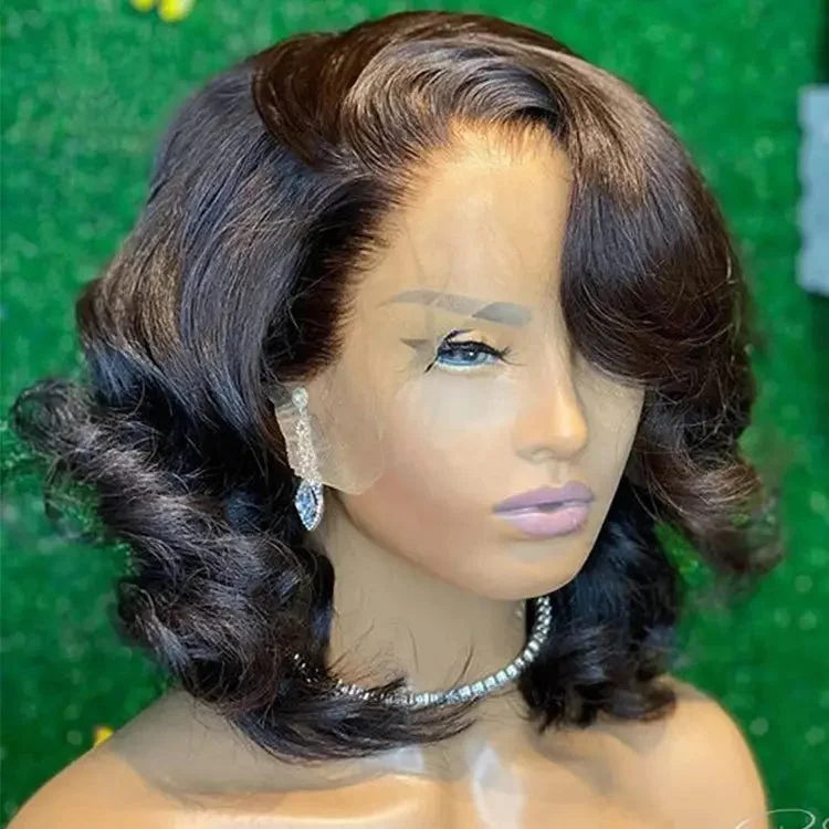 Curly wig for infants-Natural Black Bob Wig Cuticle Aligned With Baby Hair Bleached Knots Brazilian Hair Lace Front Wigs