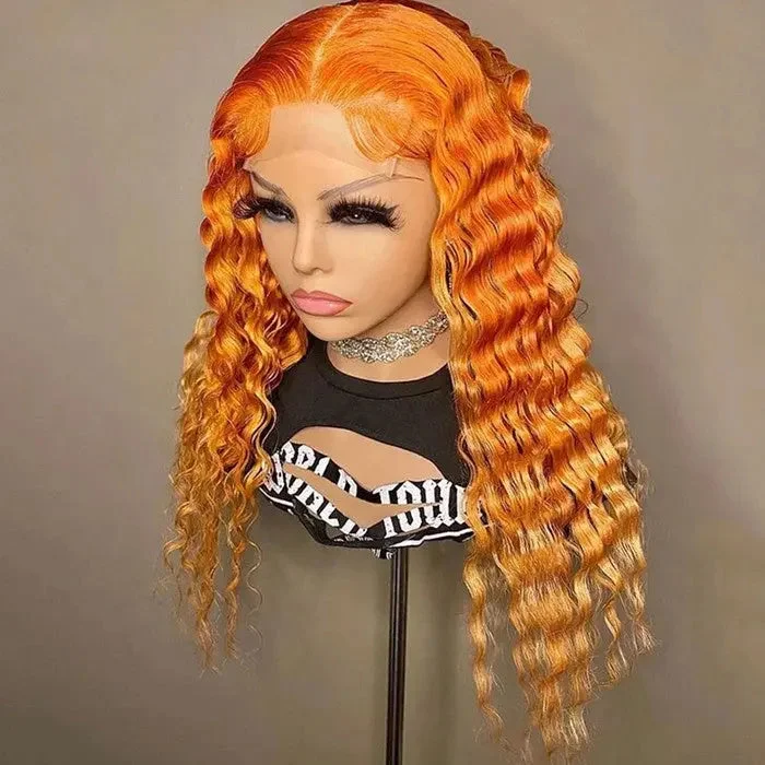 Wig for daily style-Ombre Orange Color Pre Plucked Deep Curly Wig 100% Unprocessed Virgin Hair Cuticle Aligned Lace Front Wigs