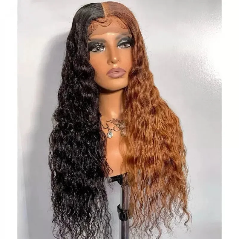 Wig for summer party-Personality Long Water Wave Wig Long Part Half Natural Black Half Medium Auburn Lace Front Wig