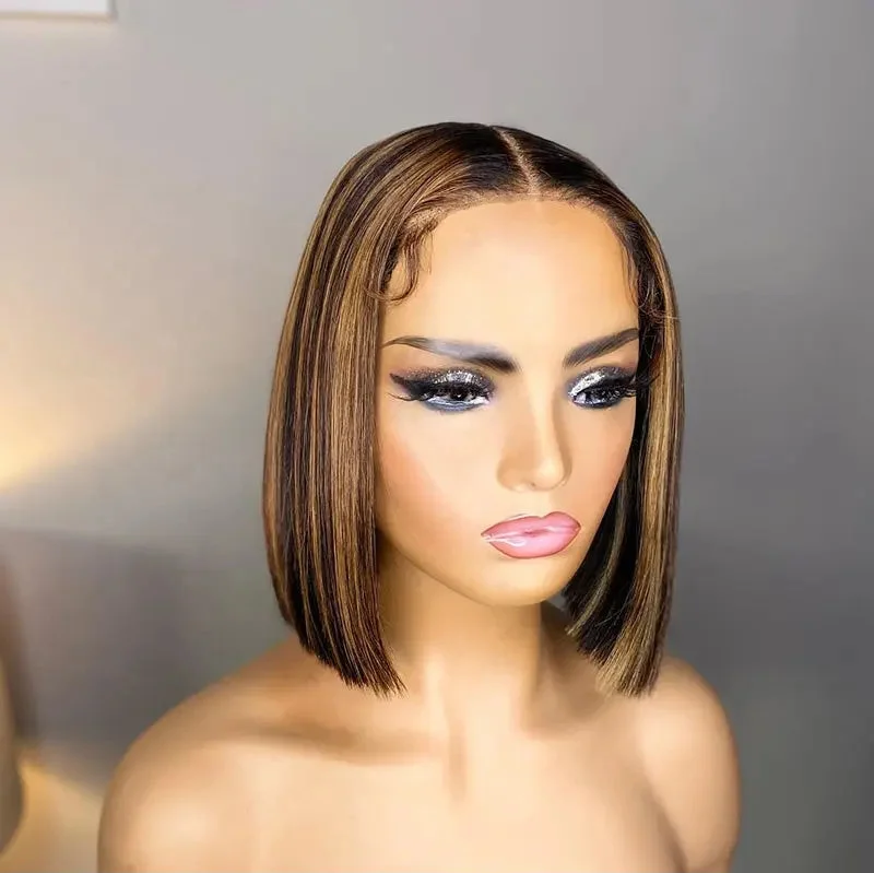 Wig for stage role-Pre Plucked Short Bob Wig Brown Black Highlight Color Cut Pixie Cuticle Aligned Virgin Hair Lace Front Wigs