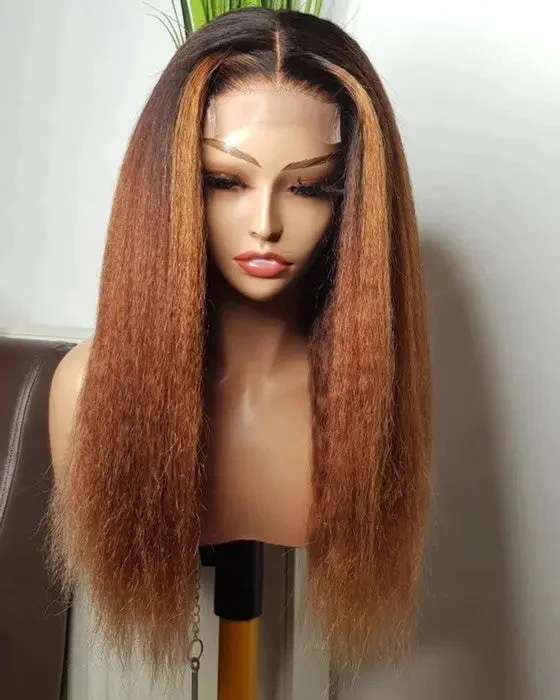 Wig bleach for color-Pre Plucked Yaki Straight Honey Brown Color Ombre Wig Cuticle Aligned With Baby Hair Lace Front Wigs