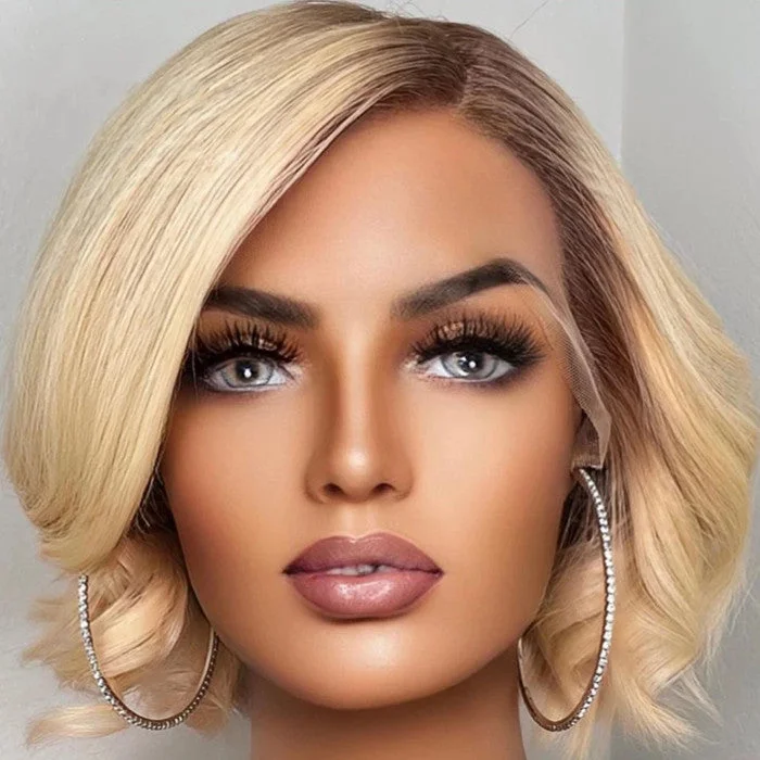 Wig for bright hues-Quality Lace Frontal Wig Vendor Ombre 613 Blonde Wave Short Bob Raw Hair Transparent Swiss Lace Front Wigs With Brown Root