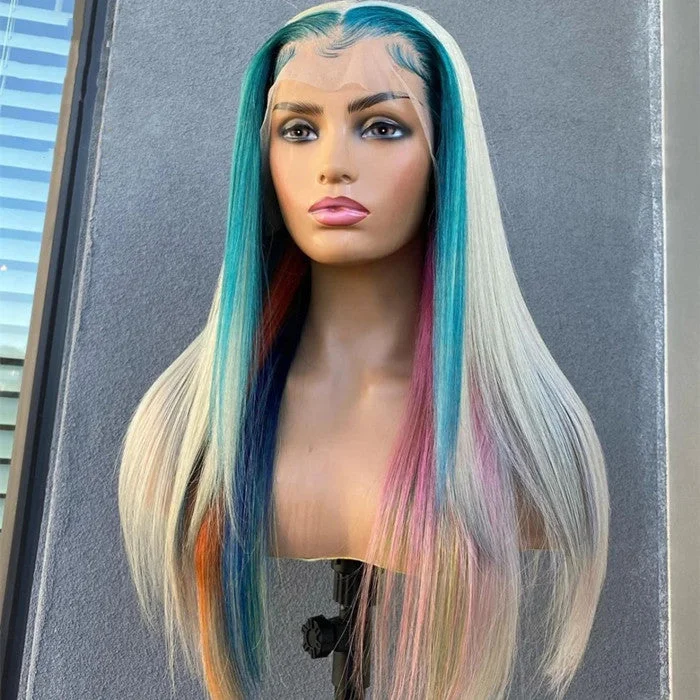 Wig for deep shine-Rainbow Lace Front Wig European Virgin Hair Silky Straight 613 Rainbow Colorful Glueless HD Transparent Wigs