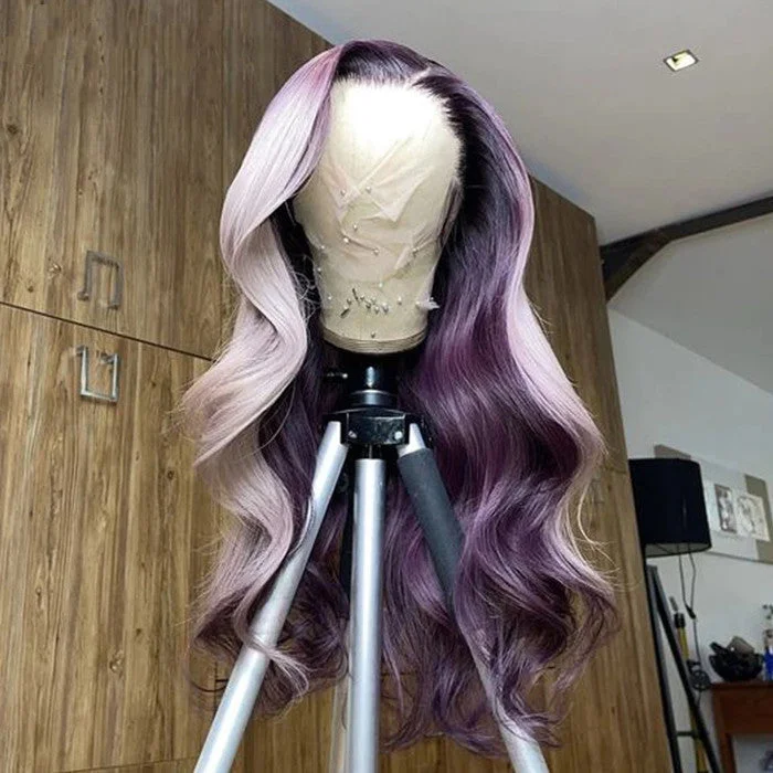 Long blonde wig with curls-Rainbow Purple Color Silky Body Wave Wig Natural Hairline High Ponytail Glueless HD Transparent Lace Front Wigs