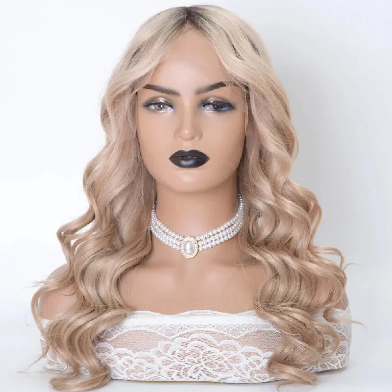 Wig for easy care-Ready To Ship Premier 18 Inch T2/12# Color European Virgin Hair Wave 150% Density Medium Cap Size HD Lace Full Lace Wig In Stock