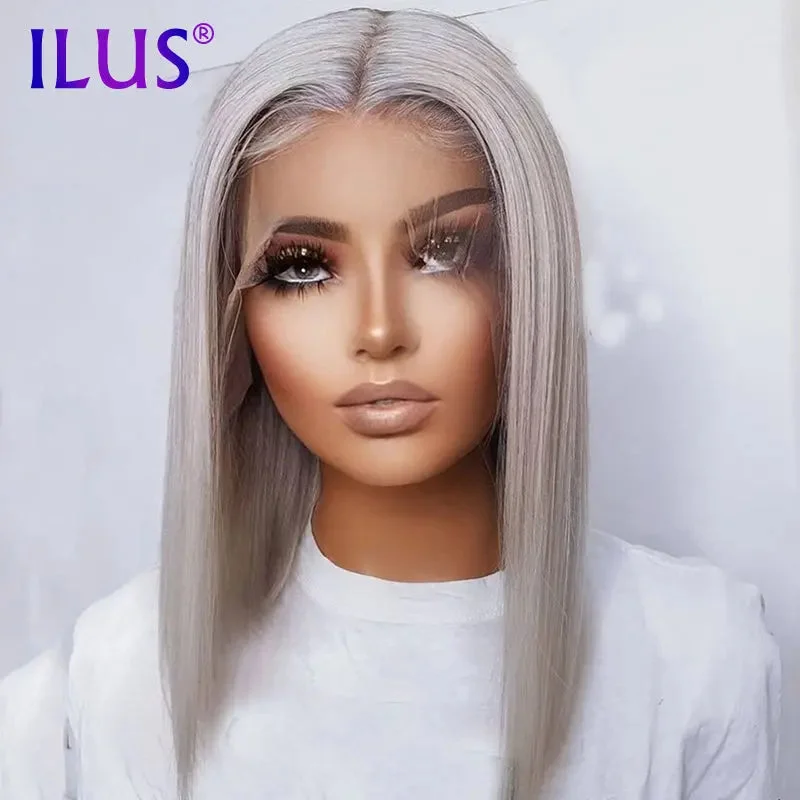 Pre-curled wig black-Silver Gray Colored Short Bob Wigs