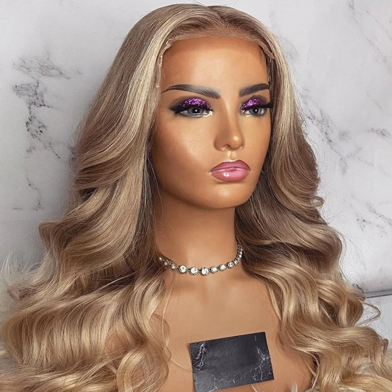 Synthetic wig for mature-Top Grade Shiny Blonde Color Body Wave Pre Plucked Full European Virgin Hair Lace Frontal Closure Wigs For Women