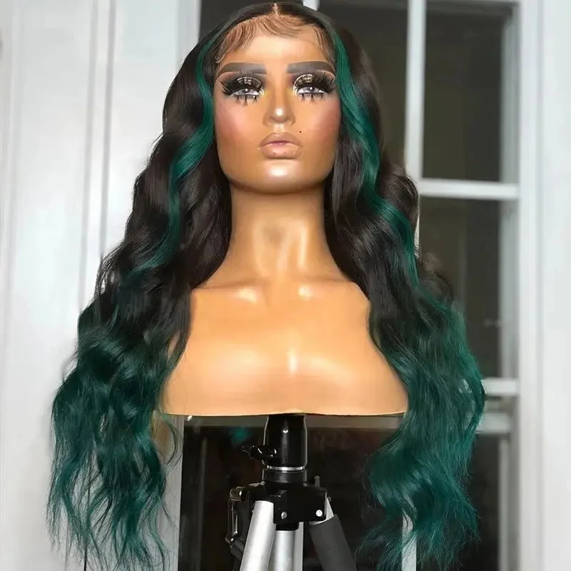 High-end wig brands-Unprocessed Black Green Highlight Color Natural Wave Pre Plucked Bleached Knots Cuticle Aligned Lace Front Wigs