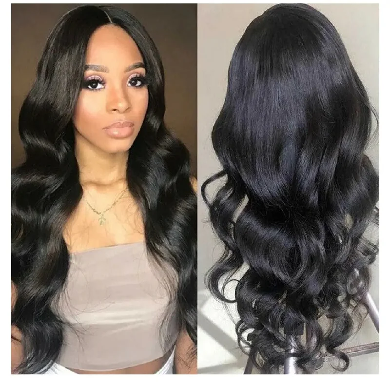 Wig for plush finish-Virgin Natural Black Color Body Wave Wig Pre Plucked Bleached Knots Cuticle Aligned Glueless Lace Front Wigs