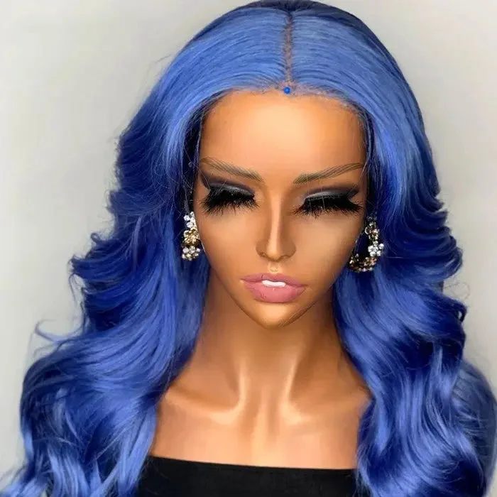 Wig for formal party-Wave Blue Highlight Color Brazilian Remy Hair Middle Part Cuticle Aligned 13*4 Transparent Lace Frontal Wig