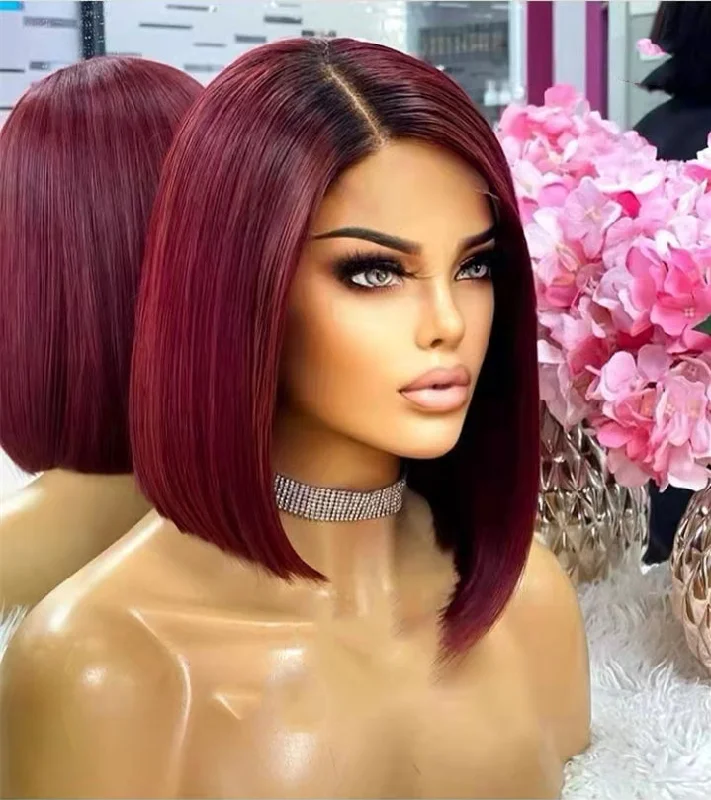 Wig for neat finish-Wholesale Color Bob Wigs Burgundy Color Silky Straight HD Transparent Lace Front Wigs for Black Women