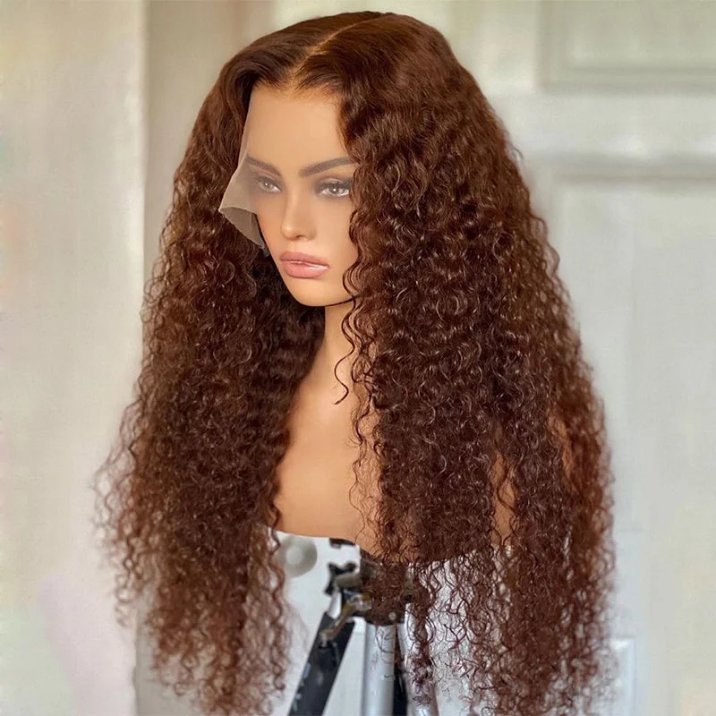 Lace wig for daily wear-Wholesale Deep Curly Brown Color Raw Peruvian Hair Lace Front Wigs for Black Women