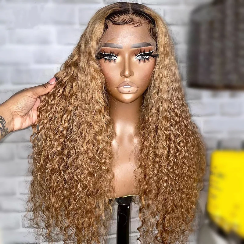 Wig for kids cosplay-Wholesale Deep Curly Ombre Honey Brown Color Raw Peruvian Hair Lace Front Wigs for Black Women