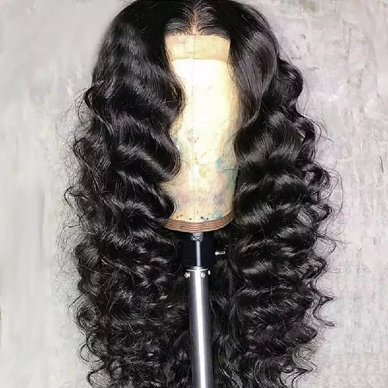 Wig for holiday costume-Wholesale lace closure loose wave wig for black women,loose wave virgin hair wig with baby hair, brazilian loose wave wig