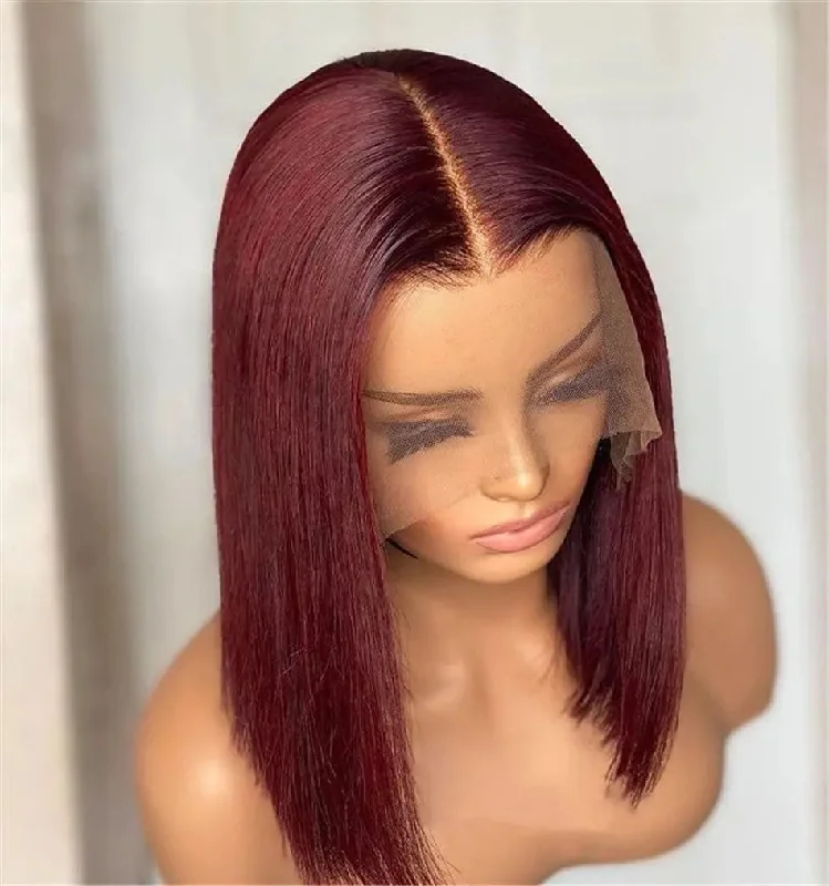 Wig for wide face-Peruvian Bob Wig Ombre 99J Pink Short Colored