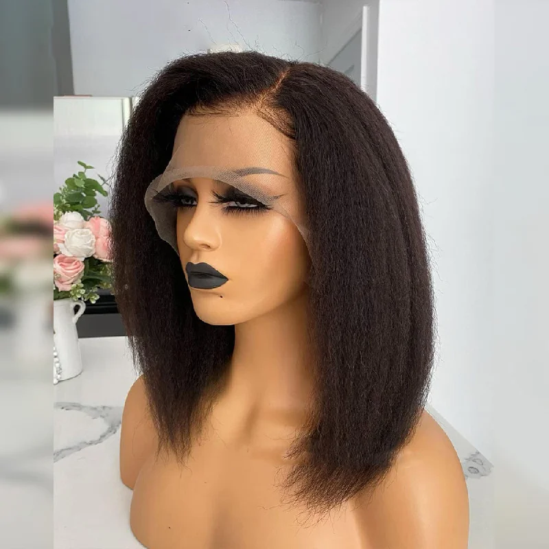 Blonde bob wig with waves-Wholesale Pre Plucked Yaki Straight Wigs Peruvian Raw Hair Lace Front Wigs for Black Women