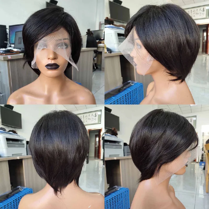 real person hair ring craft pattern-100% Human Hair Short Pixie Wigs Straight Lace Frontal Wig for Black Women