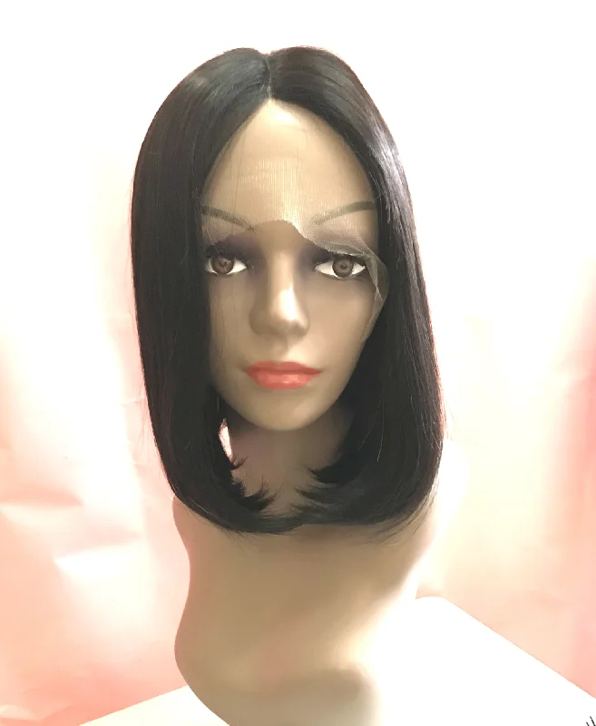 real person hair ring worldwide craft-12"-14" Middle Parting Bob-cut Wig (Straight Natural Color Premium Virgin Human Hair)